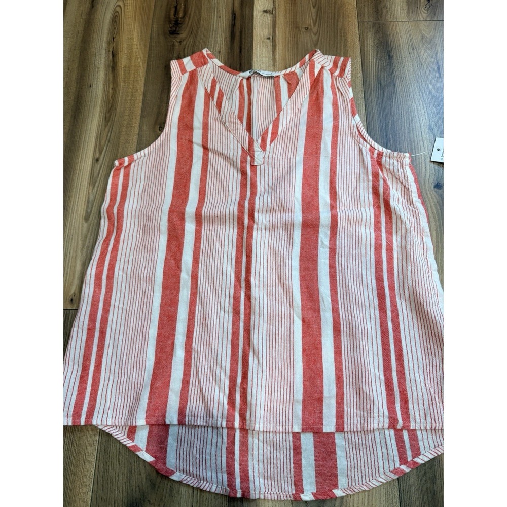 Sonoma Linen Blend Shirt Coral Striped Women's Small V-neck‎ Beach Casual